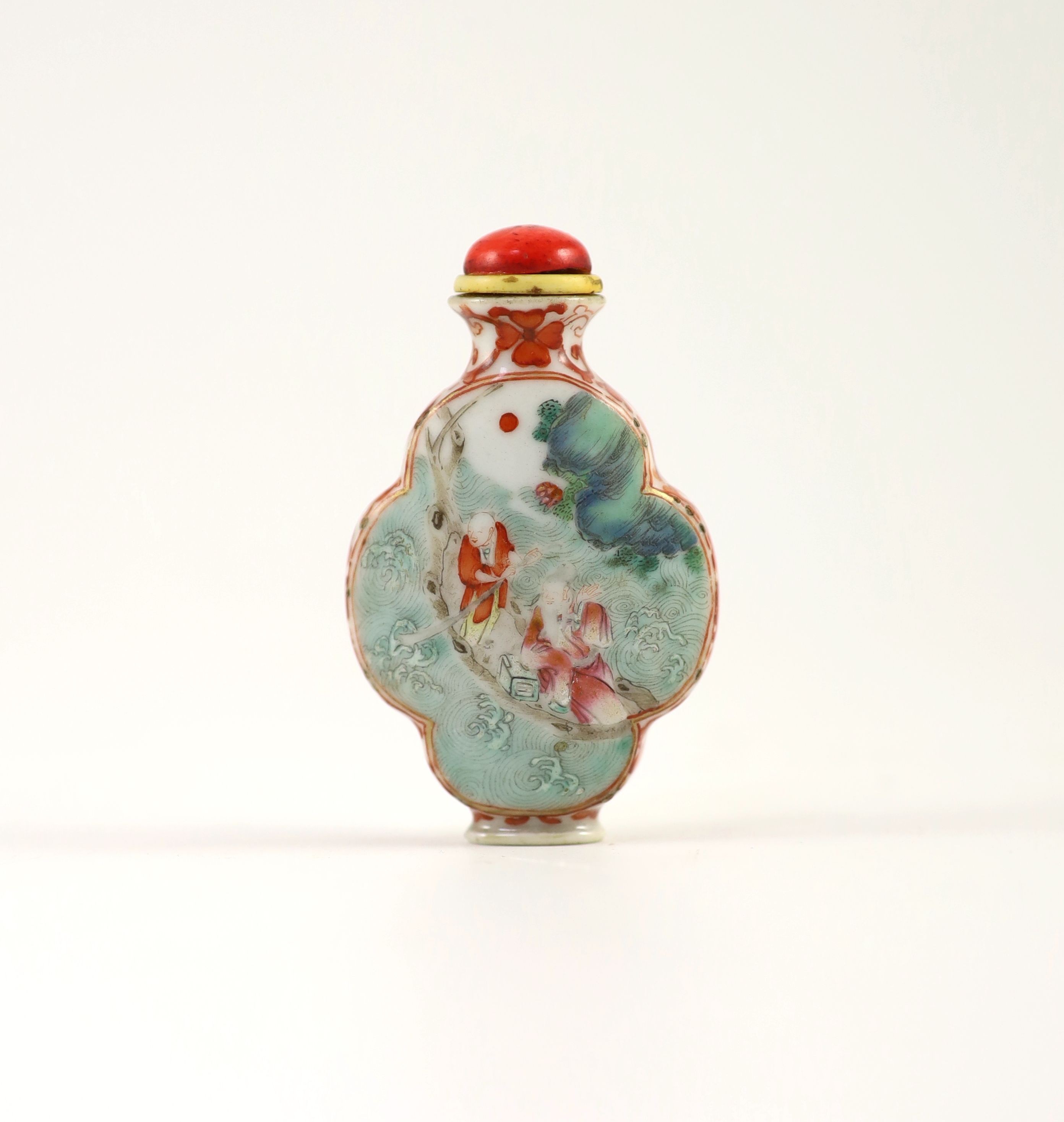 A Chinese famille rose snuff bottle, Jiaqing four character seal mark and period (1796-1820), 6 cm high excluding stopper, restoration